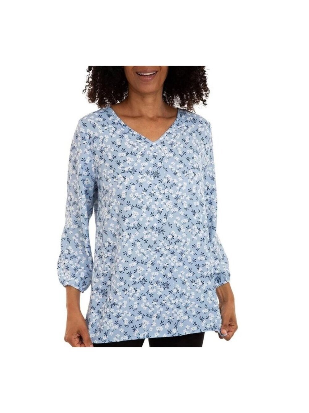 NWT Mario Serrani Women's XXL Blue Floral V-Neck Top Blouse 3/4 Sleeve J1981